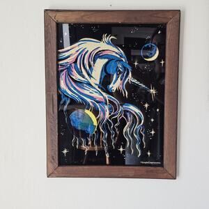 Vintage 1980s Unicorn Wood Framed Glass Wall Art Picture Glitter Sparkling Magic